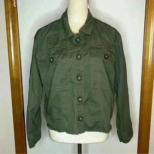 Kensie Button Jacket Raw Hem Women Medium Green Casual Cropped‎ Lightweight